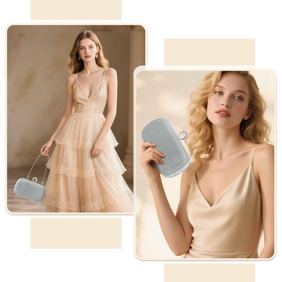 Women Silver Sparkly Rhinestone Evening Clutch Purse Crystal Ring Clasp Handbag - Picture 2 of 6